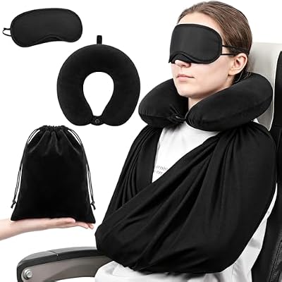 Sosation 3-in-1 Airplane Sleep Support System, Black One Size, with Neck Pillow, Arm Travel Sling and Eye Mask, Travel Sleeping Accessories for Long Haul Flight, Car Road Trip