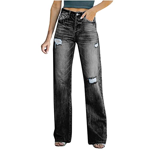 Retro Jeans for Women Straight Leg Jeans Pants Loose Comfy Ripped Denim Pant High Waisted Plus Size Wide Leg Trouser