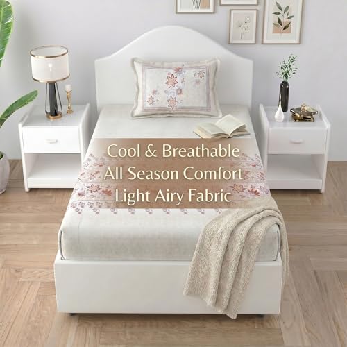 Image of Mafatlal 186 TC Spring Glory Graceful Pure Cotton Single Flatsheet (60 x 90 Inch) | Breathable Summer Comfort | Wrinkle-Free Floral Bedsheet with 1 Pillow Cover, Floral Red