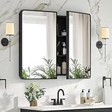 YTSMIR Bathroom Medicine Cabinet with Mirror 24 x 30 Inch, Black Medicine Cabinet Recessed or Surface Wall-Mounted, Mirrored Cabinets with Sturdy Metal Adjustable Shelves for Bathroom Vanity