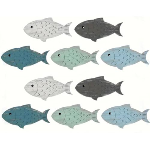 Ltstor 10 Piezas de Decoración de Peces de Madera para Pared, Decoración de Peces de Madera Adhesiva, Decoración de Arte de Pared Estilo Playa, Decoración para Casa al Aire Libre, Playa, Casa del Lago
