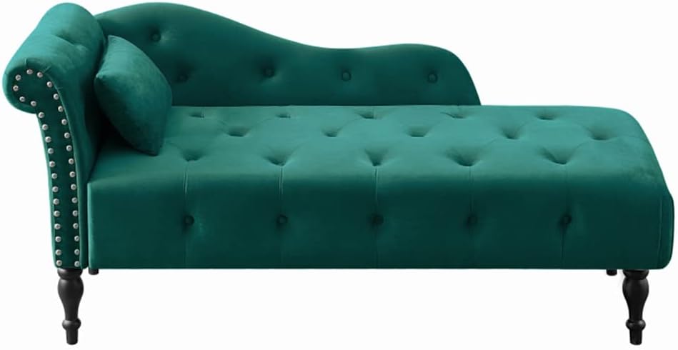 Velvet Chaise Lounge Button Tufted Nail Trim Solid Wood Legs W 1 Pillow 60.6" L X 27.50" W X 28.30" H