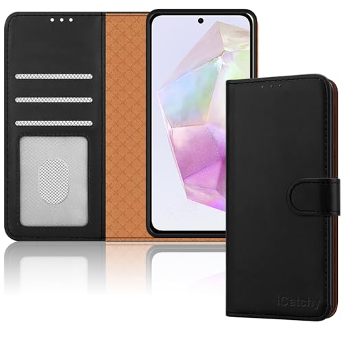 iCatchy for Samsung Galaxy A35 Case Leather Wallet Book Flip Stand View Magnetic Protect RFID Blocking Shockproof Cover compatible with Samsung A35 5G Phone (Black)