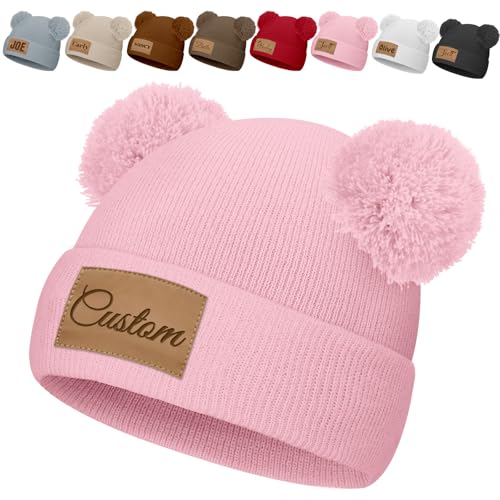 Custom Toddler Infant Beanie Hat Personalized Kids Winter Pom Hats Leather Patch Knit Beanies Warm Cap for Baby Boys Girls Pink
