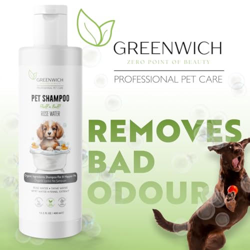 Greenwich 100% Vegan Fellpflege Hundeshampoo gegen Juckreiz, 400 ml, Sensitiv Hypoallergen Welpen Katzen Shampoo für Geruch, alle Hunderassen, pH Wert