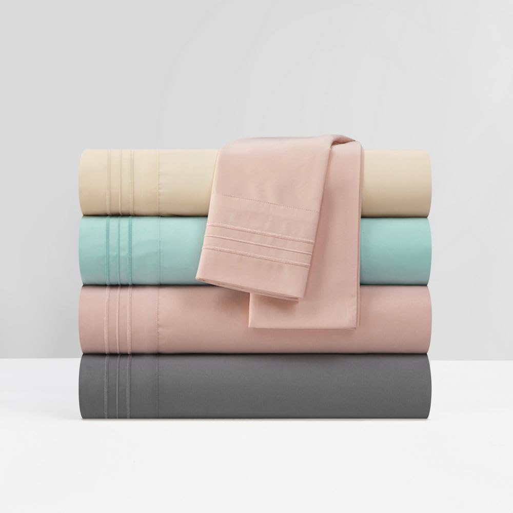 New York & Company Lain 4 Piece Sheet Set Super Soft Stripe Embroidered Design – Includes 1 Flat, 1 Fitted Sheet, and 2 Pillowcases, King, Rose