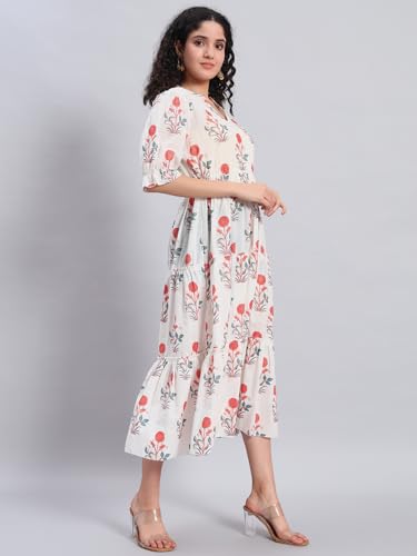 Image of PIDAVLIYA'S Women's Floral Summer Maxi Dress I Cotton Printed I One Piece Bodycon Midi Dress with V-Neck, Puffed Sleeves