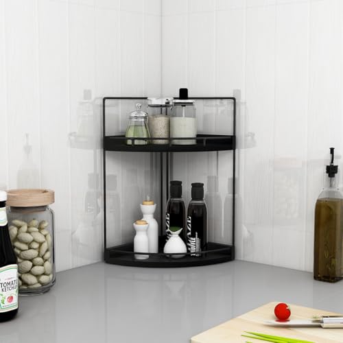 Image of Dorhors 2-Tier Bathroom Counter Organizer,Vanity Counter Corner Shelf, Skincare, Wood Countertop Bathroom Storage and Organization for Kitchen (Black)