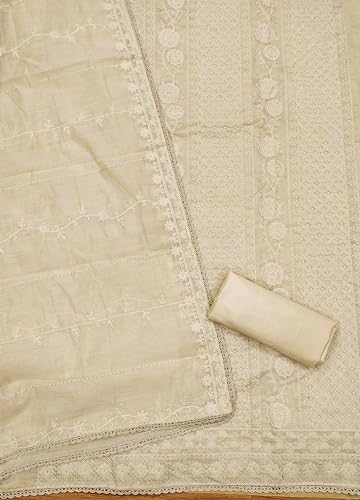 Image of Pandadi Saree Women's Elegant Lucknowi Work with Modal Cotton Chanderi and Embroidered Dupatta Unstitched Dress Material