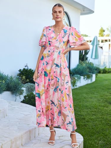 Image of Flessibili Womens V Neck Flutter Sleeve Boho Midi Dress Summer Wedding Guest Beach Party Long Dresses Multi Pink Print Small