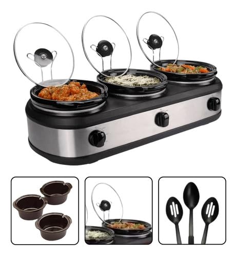 Rechaud Elétrico Triplo Buffet Slow Cooker, 3 Panelas Ovais de Cerâmica 2,4L, 3 Controles de Tempera