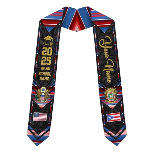 MonkeyVan Personalized Puerto Rico Graduation Sash 2025, Custom Puerto Rican American Flag Graduation Stole Class of 2032 S160