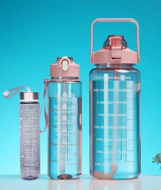 Image of Set of 3 Transparent Water Bottle 2000ML, 900ML, 300ML with Motivational Time Marker | Leak Proof&Break-Proof | Best Usage For Office /School /Gym /Travel Water Bottle