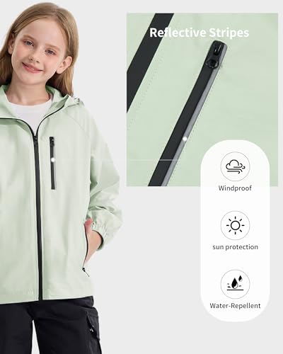 Image of Rolanko Girls Rain Jacket Lightweight Waterproof Hooded Kids Raincoat 6-16 | Kids Windbreaker, Water-Repellent, Sealed Zip Pockets, Reflective Strips, Extended Hood, Outdoor, School Daily, Travel