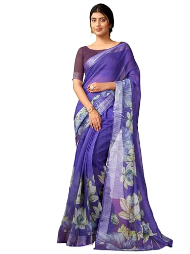 Image of SIRIL Women's Linen Digital Printed Saree With Unstitched Blouse Piece