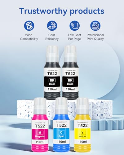 Image of EaseFusion 522 High Capacity Ink Refill Bottle (5-Bottles) Replacement for Epson 522 Ink Works with EcoTank ET-2800 ET-2803 ET-2400 ET-4800 ET-4700 Printers 550ml Total Black and Color Combo