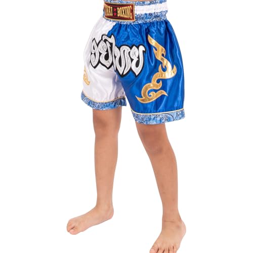 MUAY NATION Pantalones Cortos de Muay Thai para Niños (2 Años - 12 Años) Niñas Niños Pantalones de Boxeo para Kickboxing MMA Artes Marciales (FR/ES, Edad, 4 años, 6 años, Regular, Blanco/Azul) - imagen 4