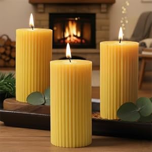 3 Pack Pure Beeswax Pillar Candles Bulk, Organic Ribbed Bees Wax Decorative Candles for Home Decor-1.96×3.85 Inch, Unscented Long Burning Natural Bees Wax Pillar Bulk Aesthetic Candles-105 Hours