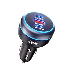 SUNDA 230W USB C Fast Car Charger, 3-Ports Car Charger Adapter, Dual Type C PD140W/PPS63W Compatible with iPhone15/14Pro/Max/iPhone13/Laptop/Galaxy/SamsungS23, USB-A 45W QC3.0 for Android