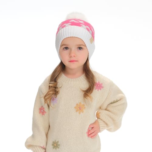 C.C Kids Daisy Fur Pom Beanie for Boys Girls - Comfortable Soft Warm Children Youth Knit Skully Hat with Faux Pom2