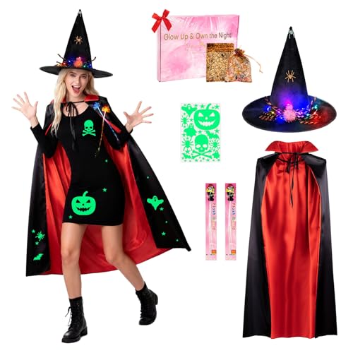 QDVDQ Light-Up Halloween Bundle costumes,Glow Spider Witch hats & Cape,