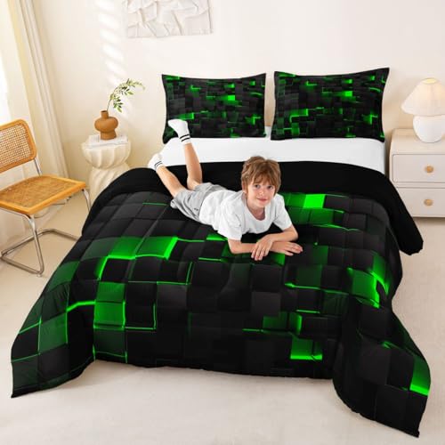 Image of Erosebridal Black Green Comforter Set Full Neon Geometric Checkered Bedding Set for Kids Boys Gaming Room Decor,Teen Men Abstract Stereoscopic Grids Quilt Square Plaid Check Bed Set 3 Pcs