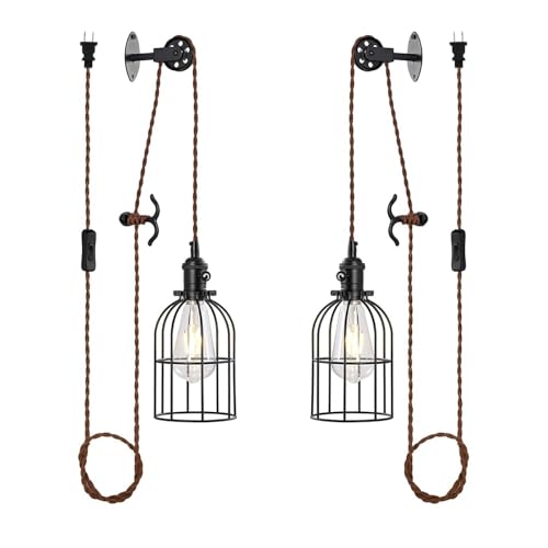Image of Plug in Pendant Light Set of 2,Industrial Hanging Lamps that Plug into Wall Outlet,Farmhouse Pulley Pendant Light with Plug in Cord, Wall Lamps for Bedroom Living Room Kitchen.
