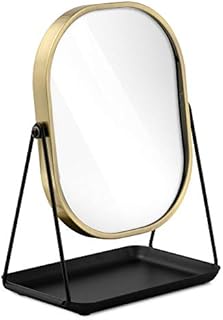 Navaris Magnifying Dressing Table Mirror - Double-Sided 1x/3x Magnification Makeup Mirror with Tray for Tabletop, Bathroom, Bedroom - Black and Gold