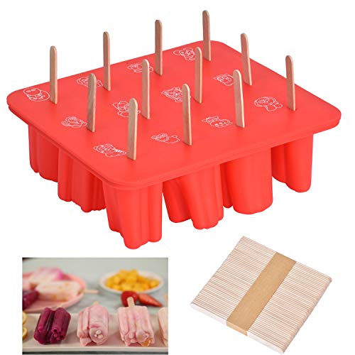Cozywind Molde para Helados y Polos,100% Silicona Alimentaria,Con Tapa, Formas de Animales, Con 50 Palitos de Madera (rojo)