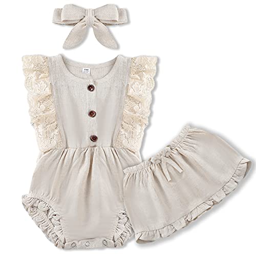Baby Girl Clothes Newborn Infant Lace Clothes,Linen Romper Comfy Onesies Outfit Baby Jumpsuit Skirt Ruffle Set with Headband(0-3M lace Beige)