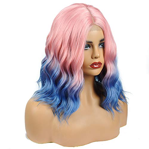 Short Bob Wavy Curly Wig 14 inch Synthetic Wavy Wigs Shoulder Length Wigs for Women Costume Wigs for Daily Cosplay Use (14 Inch, Pink mix Blue)