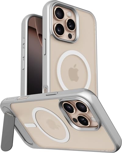 Image of eller sante Zenon Magpro Back Cover Case for iPhone 16 Pro Scratch Resistant Camera Screen Protector TPU Shockproof with Stand Holder Mag-Safe Wireless Charging- Silver