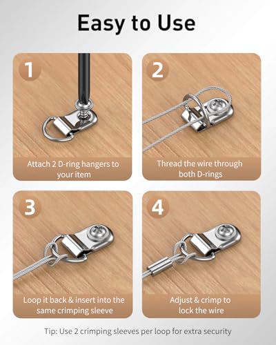 Image of Uniclife Picture Hanging Wire, 100 Feet 1 /32 inch Picture Wire Kit with D-Ring Hangers, Stainless Steel Rope for up to 110 lbs, Trellis Line Cable for Photo Frames and String Lights