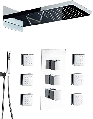 Système de douche Ensemble combiné de douche thermostatique encastré Ensemble de mitigeurs de douche chromés avec 6 jets corporels avec douchette en laiton et pommeau de douche à effet pluie 55 × 22