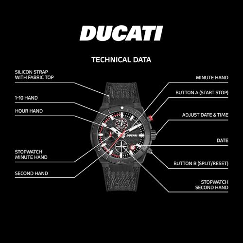 Ducati DT007 - Orologio Cronografo Da 43,5 Mm, Quadrante Nero Testurizzato Con Accenti Rossi, Cinturino In Pelle Nera, Resistente All'acqua Fino A 50 M, Design Iconico Da Corsa Per Uno Stile - 4