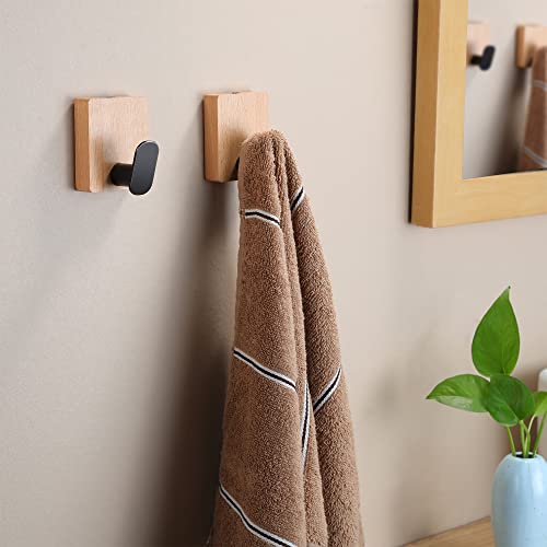 Deliton Towel Hooks Wall Mounted - Bathroom Coat Hooks Punching For Hanging Robes Clothes Light Brown, Black Solid Wood Beech Wall Hook 4 Packs #TOP2