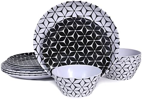Melamine Dinnerware Sets 12 pcs Service for 4 Unbreakable Plates and Bowls Serving Set, BPA Free Dishwasher Safe Geometric Pattern Dishes & Bowls Set for Everyday Use