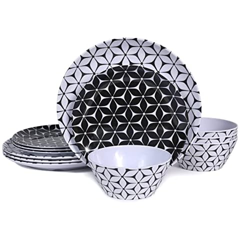 Melamine Dinnerware Sets 12 pcs Service for 4 Unbreakable Plates and Bowls Serving Set, BPA Free Dishwasher Safe Geometric Pattern Dishes & Bowls Set for Everyday Use Cover