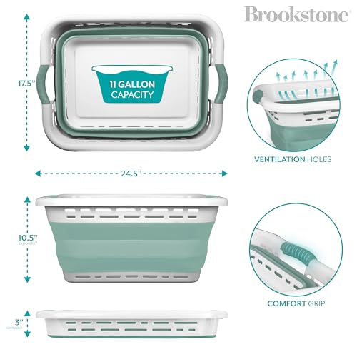 Image of BROOKSTONE 11 GALLON XL 24 inch Collapsible Laundry Basket & Clothes Hamper, Comfort Non-Slip Handles, Modern Laundry Hamper with Space Saving Design, Portable Pop-Up Hamper, BPA FREE, Mint, 1 Pack