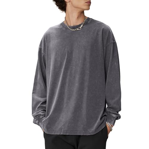 Mens Oversized T Shirts Long Sleeve Shirts for Men Vintage Acid Wash T-Shirts Comfort Colors Crewneck Sweatshirt(Grey XL)