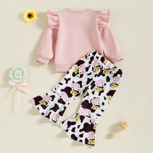 Toddler Baby Girl Farm Clothes Ruffle Long Sleeve Sweatshirt Cow Print Flare Pants Mama's Little Bestie Outfit Spring3