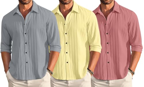 Image of FINIVO FASHION Combo of Men's Casual Cotton Plain Button Down Shirt Long Sleeve Textured Summer Beach Shirt for Men Pack of 3