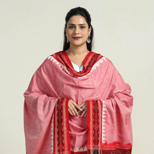 Image of Cotton Dupatta with weaving and Ikat woven border from the Weavers Stole for Girls & Women