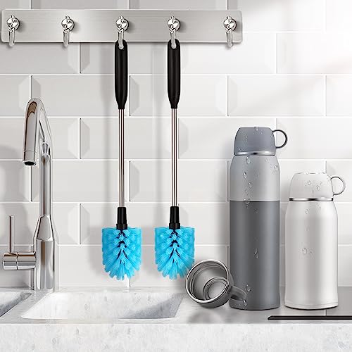 Image of Long Handled Water Bottle Brush, Multi-Purpose Bottle Scrubbing Brush, Soft Bottle Brush, Glassware Brush, Water Bottle Cleaner with Removable and Replaceable Brush Heads 15 in (1, Blue)