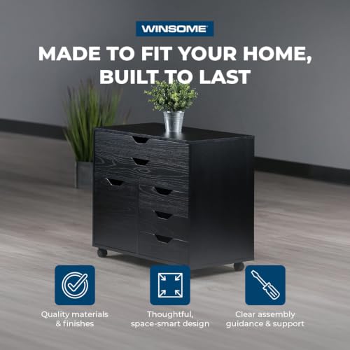 Image of Winsome Halifax Mobile Storage Cabinet with 1 Large Door & 5 Drawers, Black