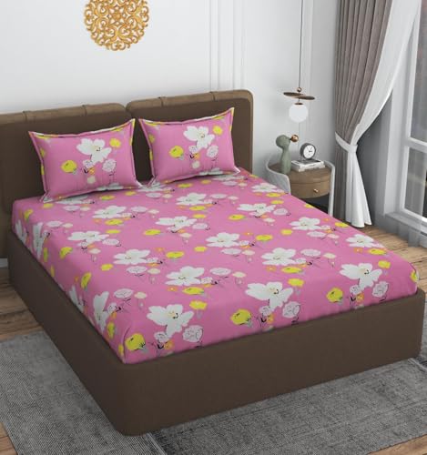 Image of VOMZER Premium 320 TC Fitted Bed Sheet with All Around Full Elastic - Deep Pocket Design - Wrinkle Resistant Fitted Bedsheet Size 60x78 Queen (Pink White Flower)