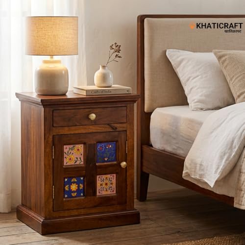 Image of Solid Sheesham Wood Chitra Bedside Table with Drawer and Door Storage for Bedroom | Wooden Nightstand Side Table for Living Room Home and Hotel | Honey Finish
