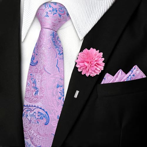 Image of DiBanGu Mens Zipper Tie Silk Pre-Tied Necktie with Gift Box | Jacquard Woven,Paisley Solid Plaid Pattern,6PCS with Pocket Square,Cufflinks and Lapel Pin,for Wedding Party Formal Business