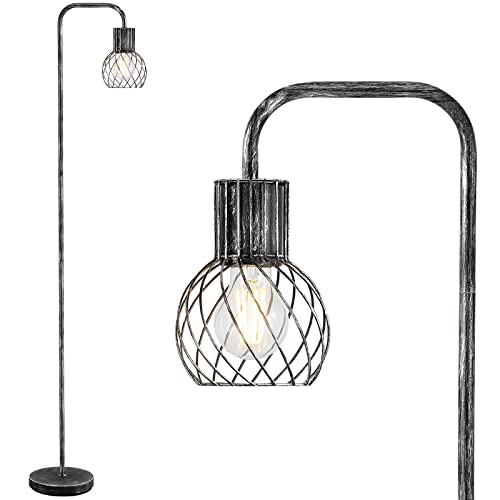 Industrial Floor Lamp, Antique Silver Standing Lamp Modern with 6W LED Bulb, Foot Switch, Metal Tall Lamps for Living Room, Bedroom, Office, Den, Vintage Stand Up Lamp, Minimalist Farmhouse Floor Lamp