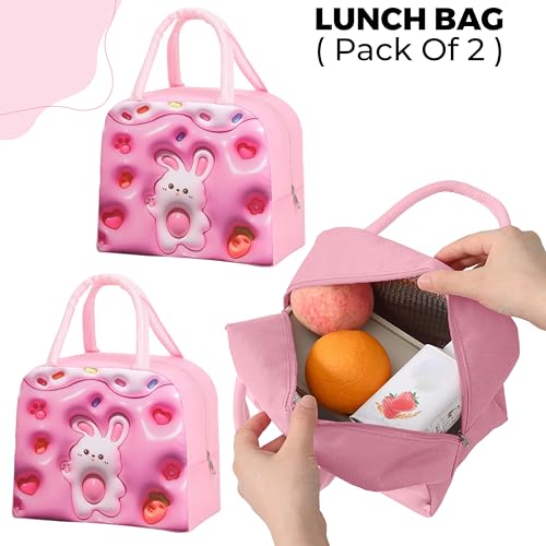 Image of Kraptick Printed Lunch Bag - Insulated Travel Tiffin Bag for Kids & Adults, Reusable Lunch Bag for Office, School Meal Organizer (Pink Bunny) (Pack of 2)